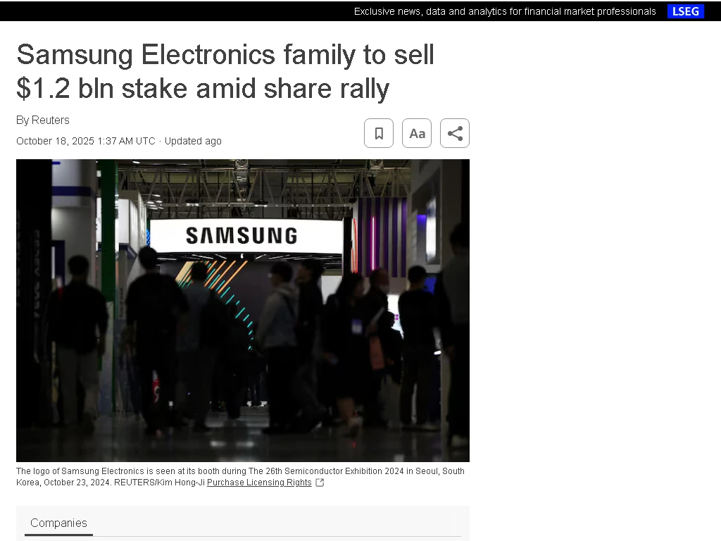 Samsung Group member sells $2.1 billion in shares