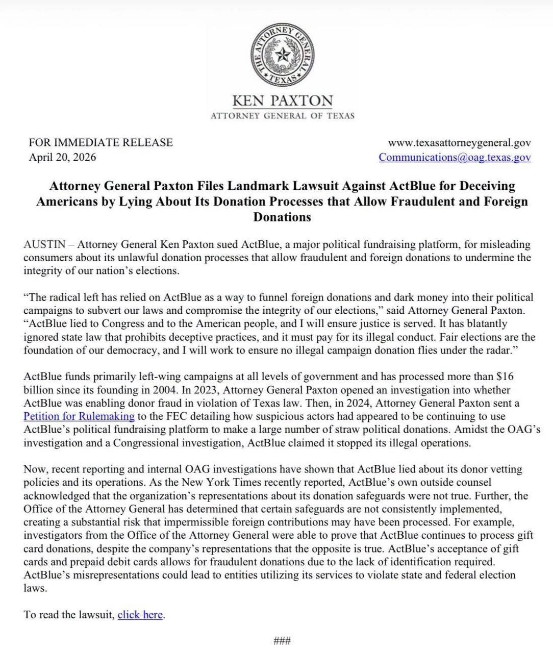 Texas AG Paxton sues ActBlue over donation practices