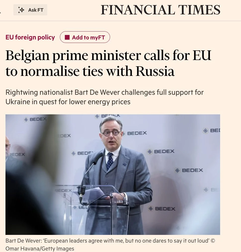 Belgium's Prime Minister Advocates EU-Russia Negotiations