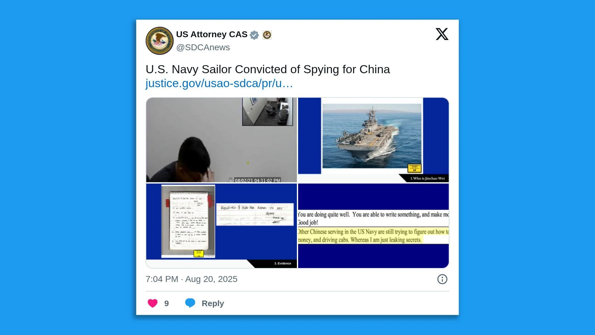 Former Navy Sailor Sentenced for Selling Secrets to China